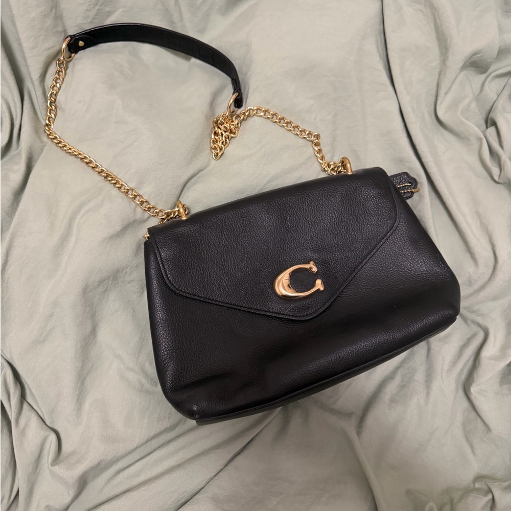 Coach Black Leather Shoulder Bag with Gold Accent C